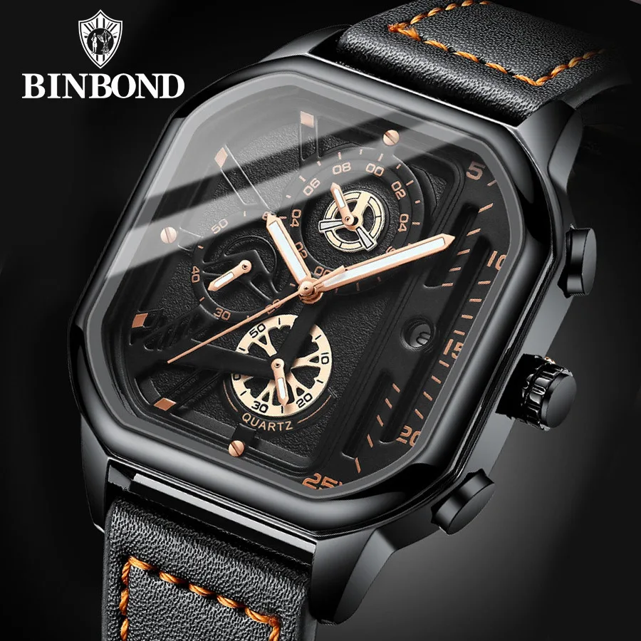 BINBOND Pánske Hodinky Top Značky Luxusné Luxusné Kožené Quartz Hodinky pre Mužov Nepremokavé Svetelný Športové náramkové hodinky Chronograf Obrázok 0
