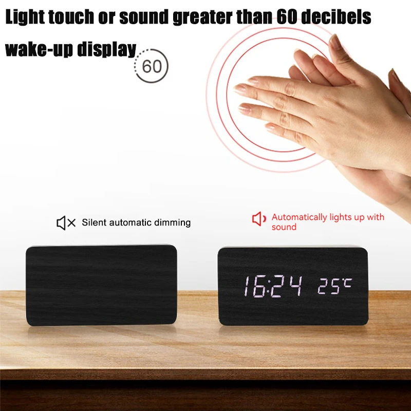 Drevené Námestie LED Smart Alarm Hodiny pre Spálne, Digitálne Nočné Hodiny s Teplotou, Hlasové Ovládanie, Stolové Hodiny Obrázok 2
